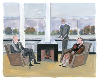 a painting of three men next two a fireplace