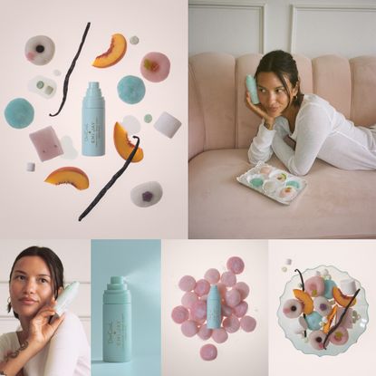 a collage featuring the Emi Jay x DedCool collaboration for holiday gifting of hair and body mist and sweet fragrance notes