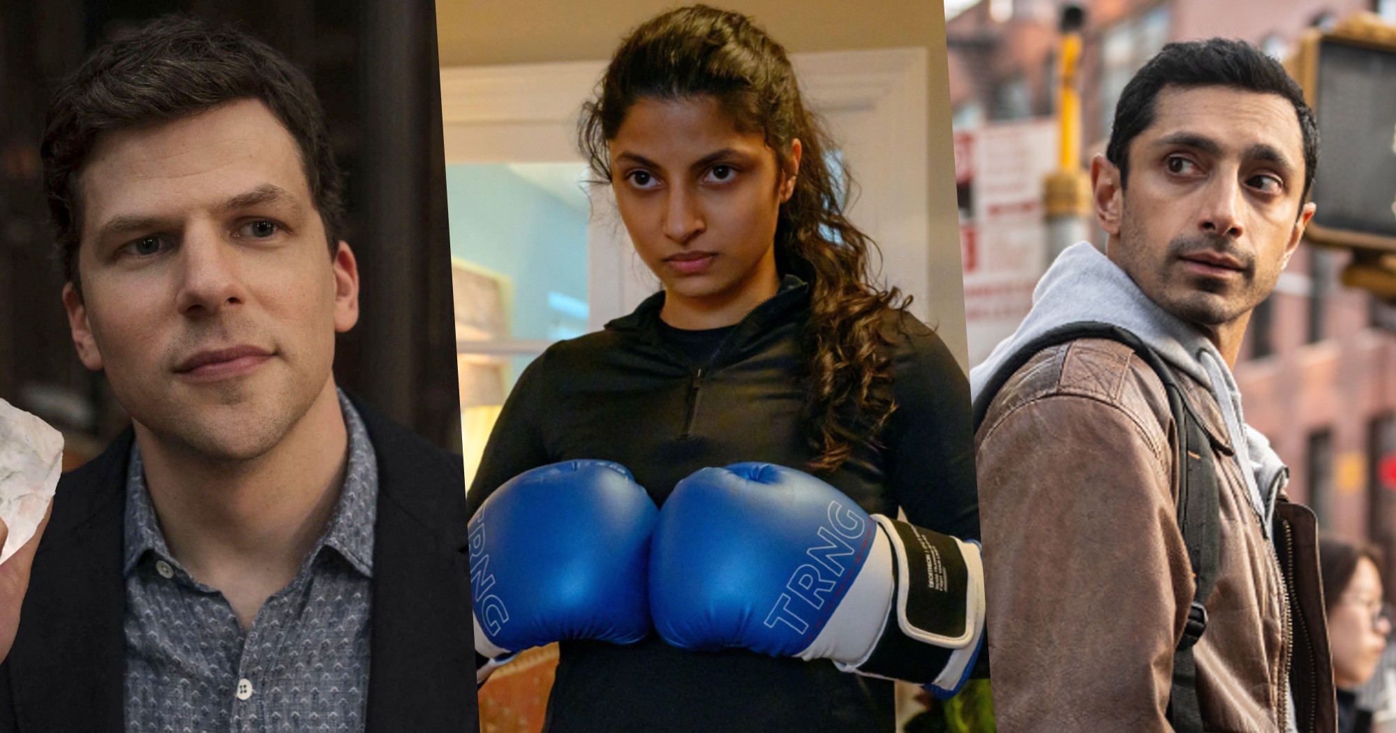 (From L to R) Jesse Eisenberg as J. Daniel Atlas in Now You See Me Now You Don't; Priya Kansara as Ria Khan in Polite Society; and Riz Ahmed as Ash in Relay
