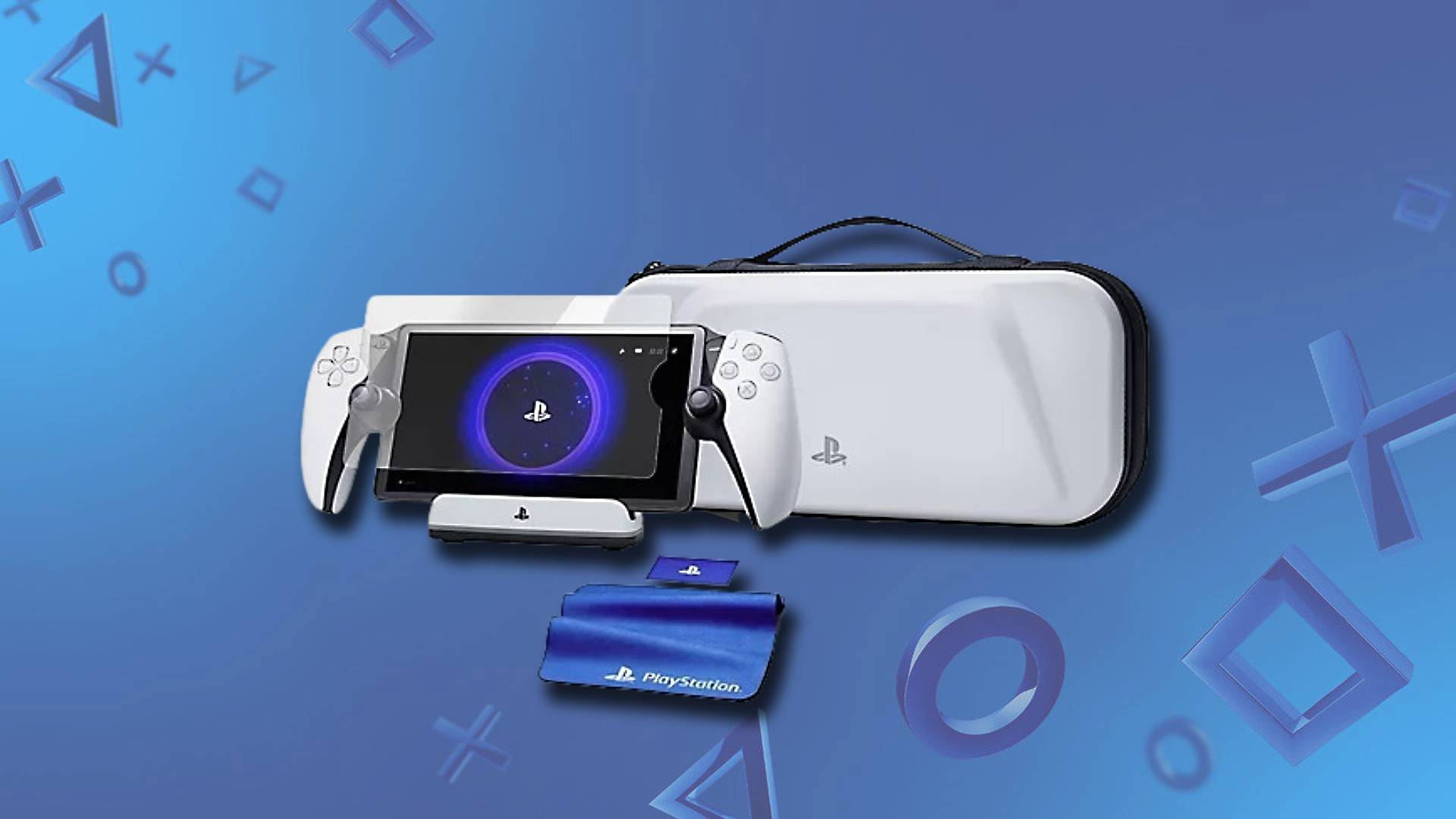 The PowerA PlayStation Portal bundle on a blue PlayStation-themed background