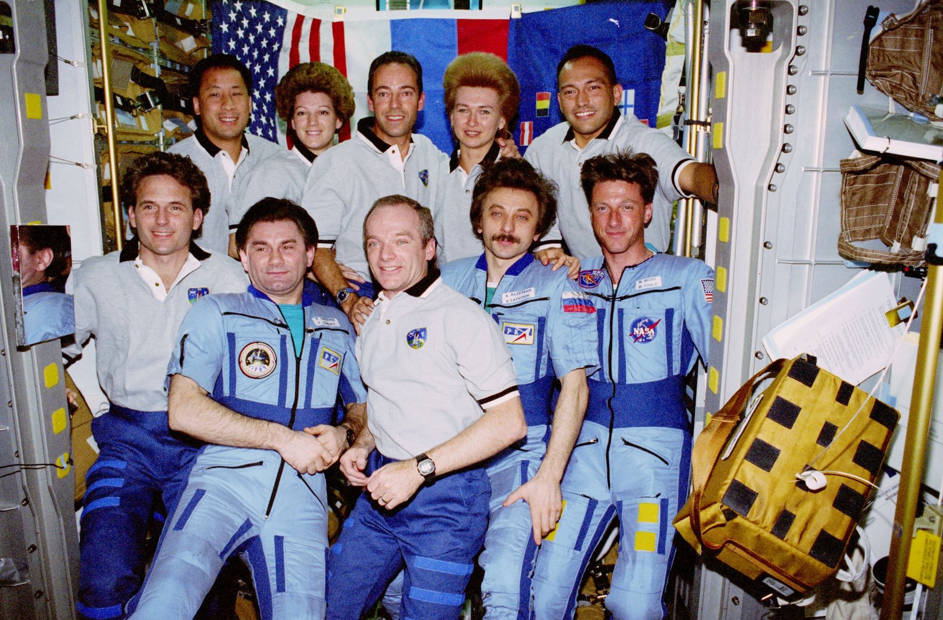 Astronauts & Cosmonauts on Mir space station - Eillen second from left back row