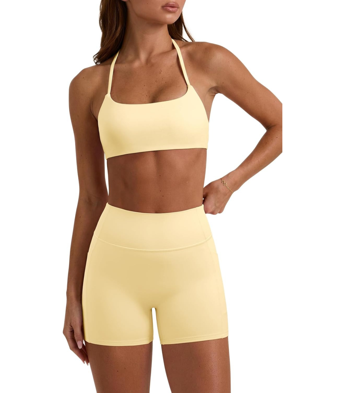 OMKAGI, Open Back Strappy Sports Bra With Matching Gym Shorts With Pockets