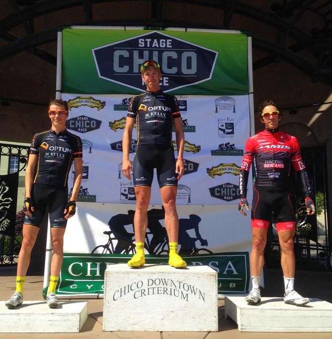 Tom Zirbel atop the tiem trial podium with teammate Will Routley and Ben Jacques-Maynes (Jamis-Hagens Berman)