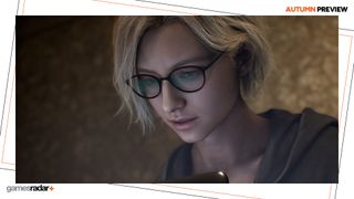 Grace Ashcroft looks at a computer in Resident Evil Requiem screenshot, with the GamesRadar+ Autumn Preview frame