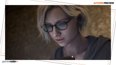 Grace Ashcroft looks at a computer in Resident Evil Requiem screenshot, with the GamesRadar+ Autumn Preview frame