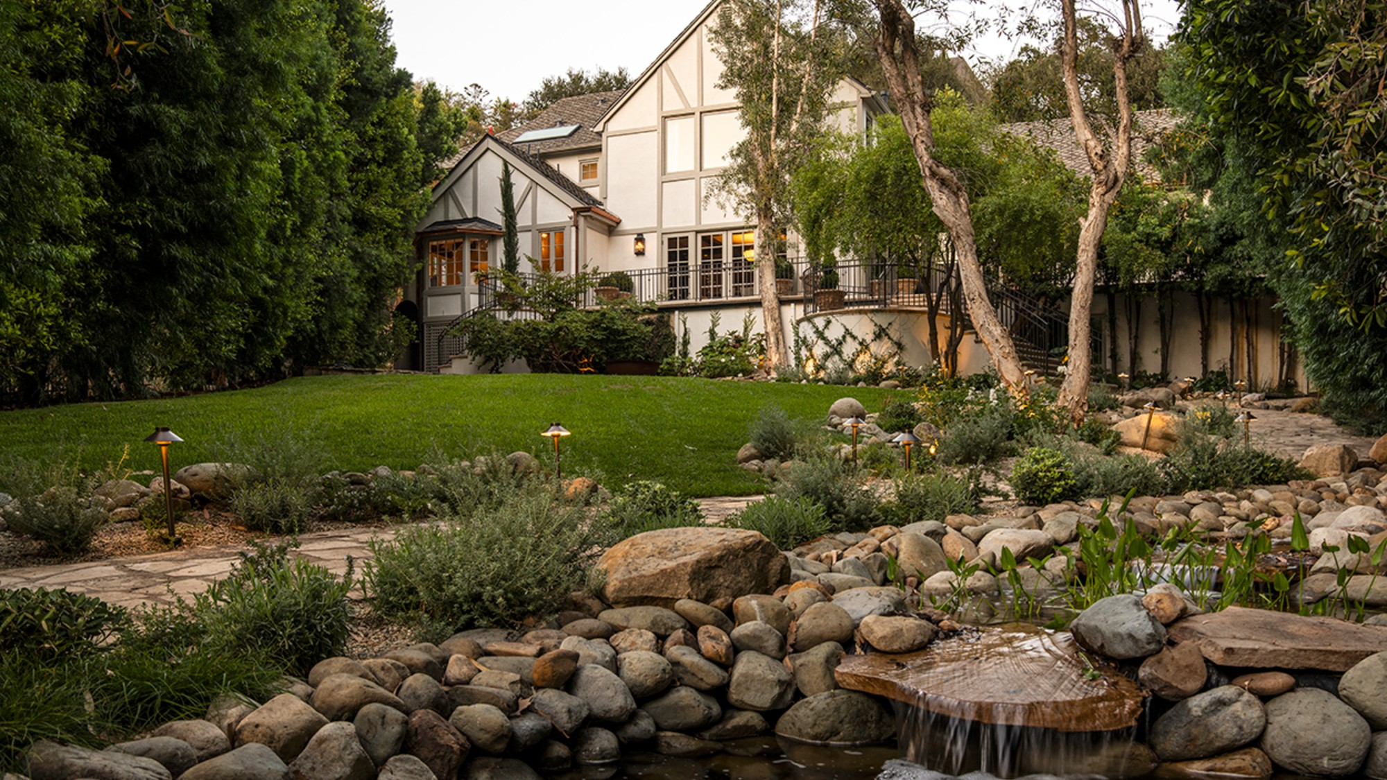 Exterior of a 1972 Tudor-inspired home in the Brentwood hills about 17 miles from downtown