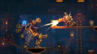 Using a big gun to blast an enemy mech in SteamWorld Heist 2