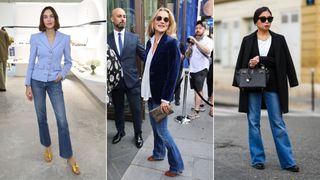 Three women wearing bootcut jeans with a blazer illustrating how to style bootcut jeans for 2023
