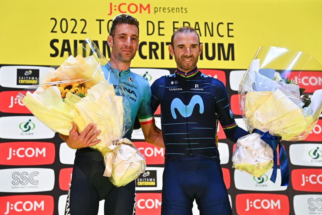 SAITAMA JAPAN NOVEMBER 06 LR Vincenzo Nibali of Italy and Astana Qazaqstan Team and Alejandro Valverde of Spain and Movistar Team honored at their farewell as professional cyclists during the 8th Tour de France Saitama Criterium 2022 Criterium Race a 595km one day race from Saitama to Saitama SaitamaCriterium on November 06 2022 in Saitama Japan Photo by Kenta HaradaGetty Images