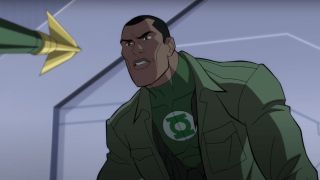 Aldis Hodge's John Stewart looking at arrow pointed at him in Green Lantern: Beware My Power