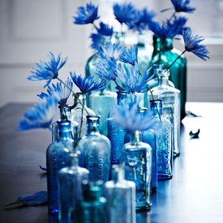 room with flowers in blue bottles