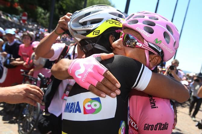 Nairo Quintana is congratulated by his Colombian compatriot