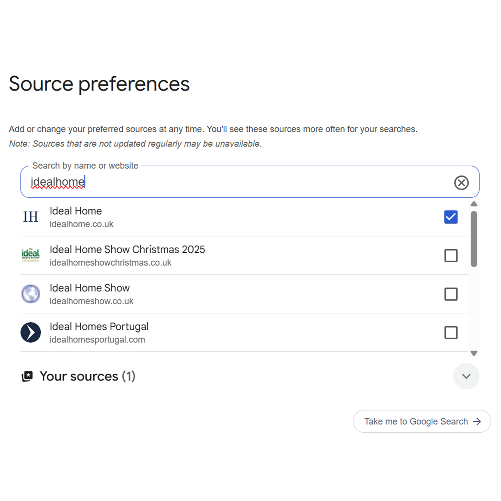 Screen show of source preferences page