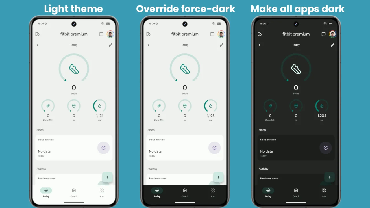 Comparison of dark mode look on fitbit app, compiled to show off changes by Mishaal Rahman