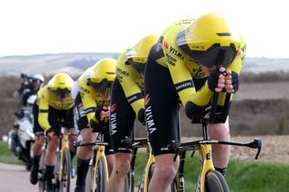 AUXERRE FRANCE MARCH 05 EDITORS NOTE Alternate crop Riders detail view of Team Visma Lease a Bike sprint during the 82nd Paris Nice 2024 Stage 3 a 269km team time trial from Auxerre to Auxerre UCIWT on March 05 2024 in Auxerre France Photo by Alex BroadwayGetty Images