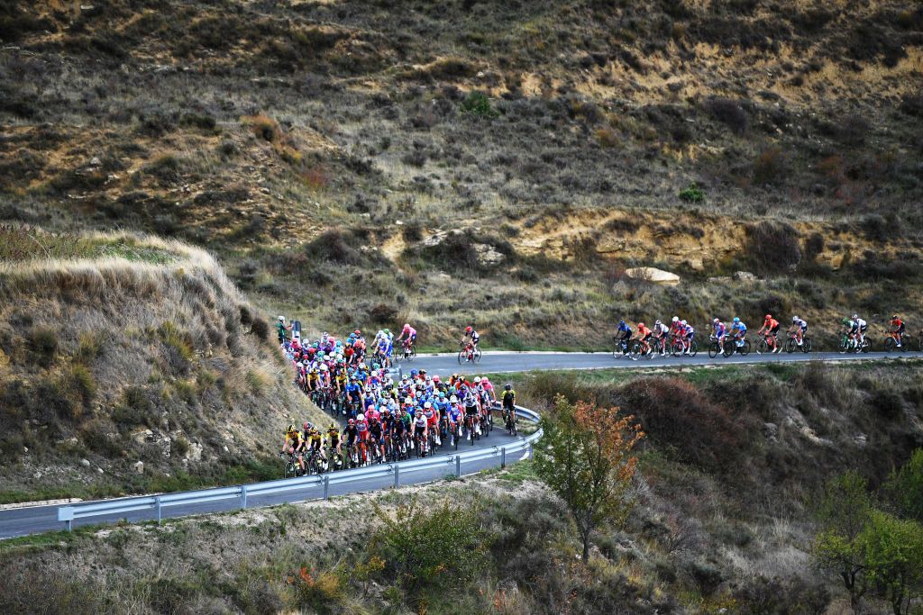 LEKUNBERRI SPAIN OCTOBER 21 Peloton Landscape during the 75th Tour of Spain 2020 Stage 2 a 1516km stage from Pamplona to Lekunberri lavuelta LaVuelta20 La Vuelta on October 21 2020 in Lekunberri Spain Photo by David RamosGetty Images