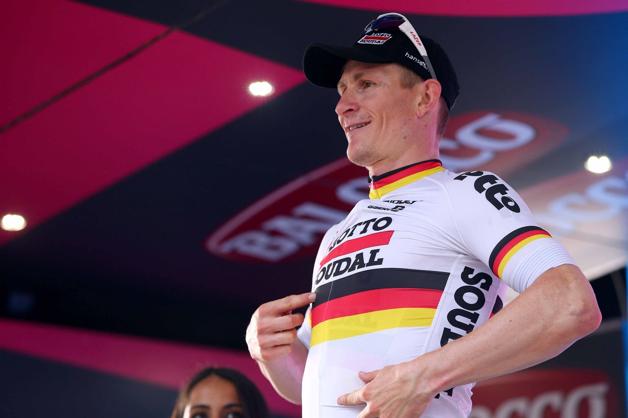 Andr&eacute; Greipel (Lotto Soudal) lets everyone know he's German champion and gives his sponsors a plug as well