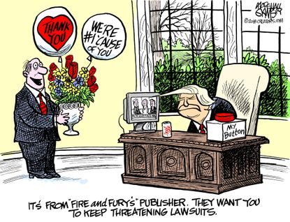 Political cartoon U.S. Trump Fire and Fury lawsuit