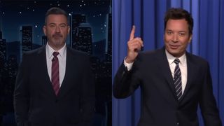 Monologue screenshots of Jimmy Kimmel and Jimmy Fallon both in suits and ties on their late night shows.