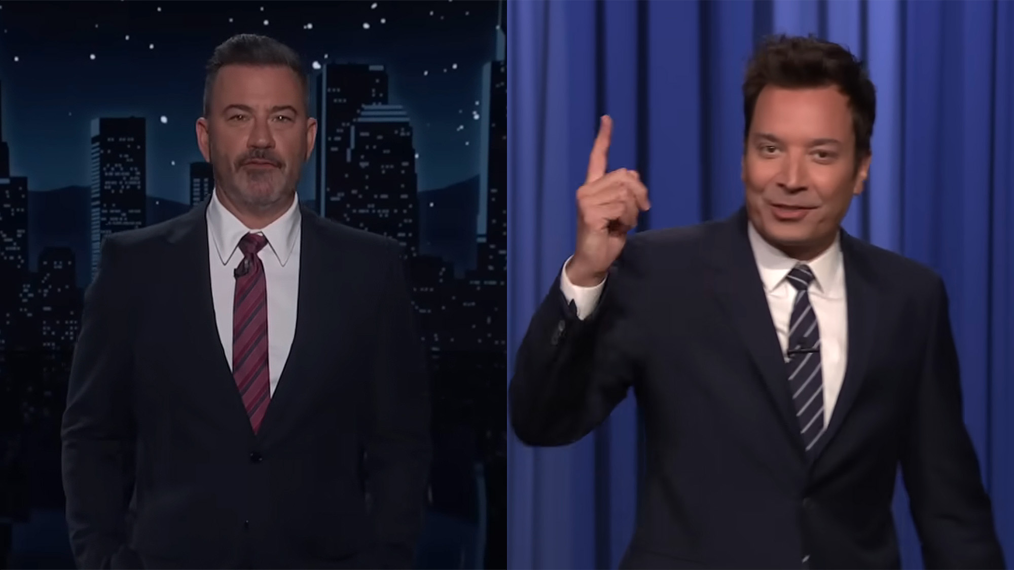 Monologue screenshots of Jimmy Kimmel and Jimmy Fallon both in suits and ties on their late night shows.