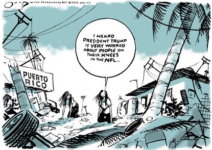 Political cartoon U.S. Trump NFL kneeling Puerto Rico hurricane