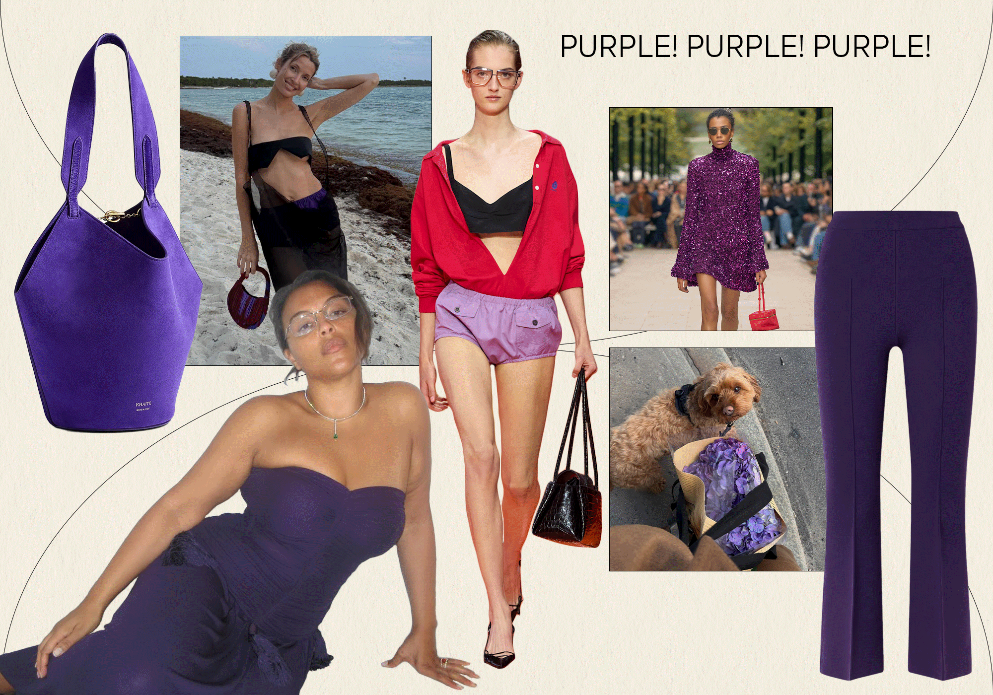 A collage featuring the summer 2026 purple color trend with runway, Instagram, product imagery, and gifs.