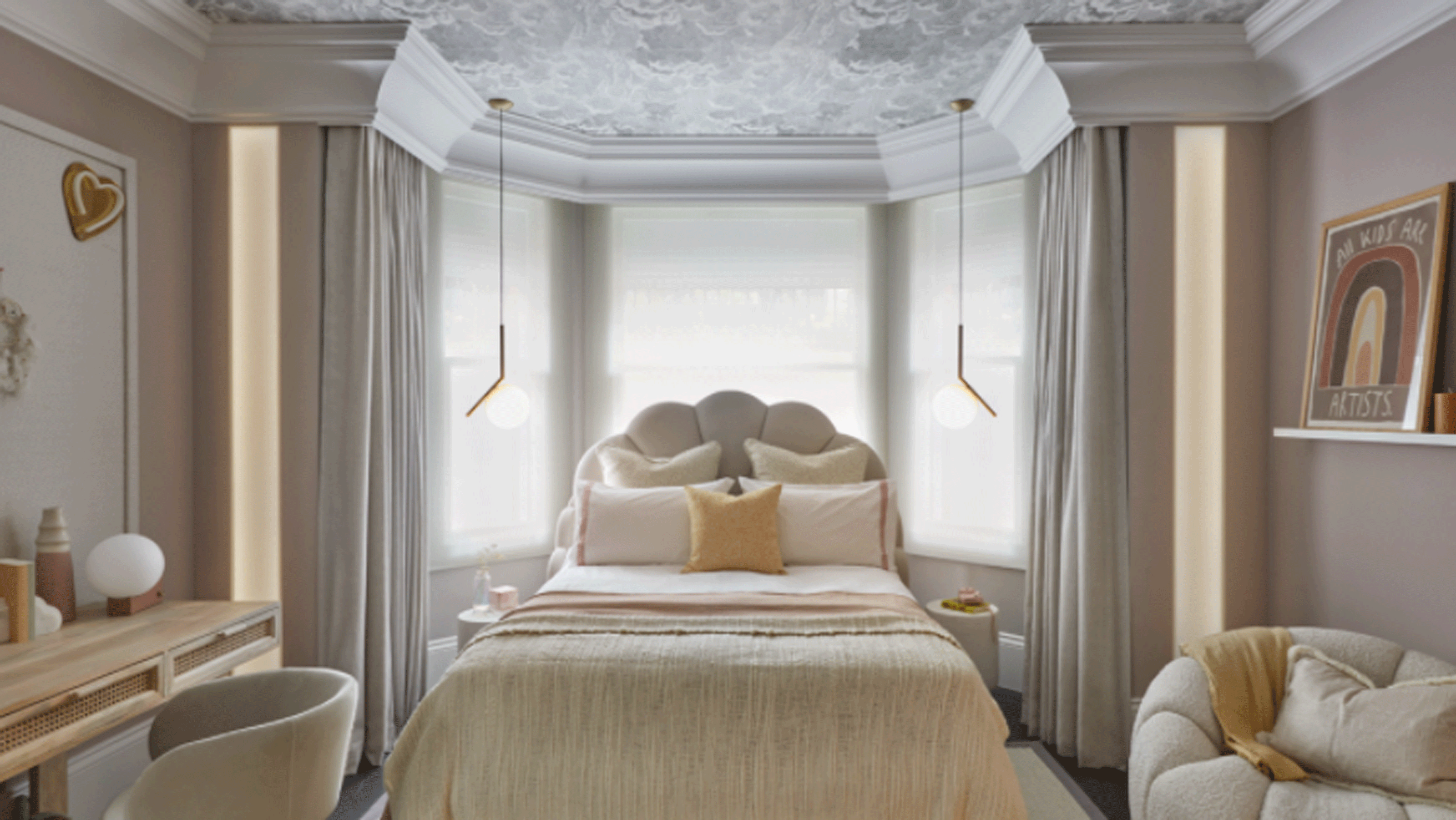 Beige bedroom with yellow accents and wallpapered ceiling 