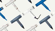 Collage of four of the quietest hair dryers featured in this guide from Beauty Works, mdlondon, Bondiboost and Hershesons, set at an angle and repeated against an off-white background 