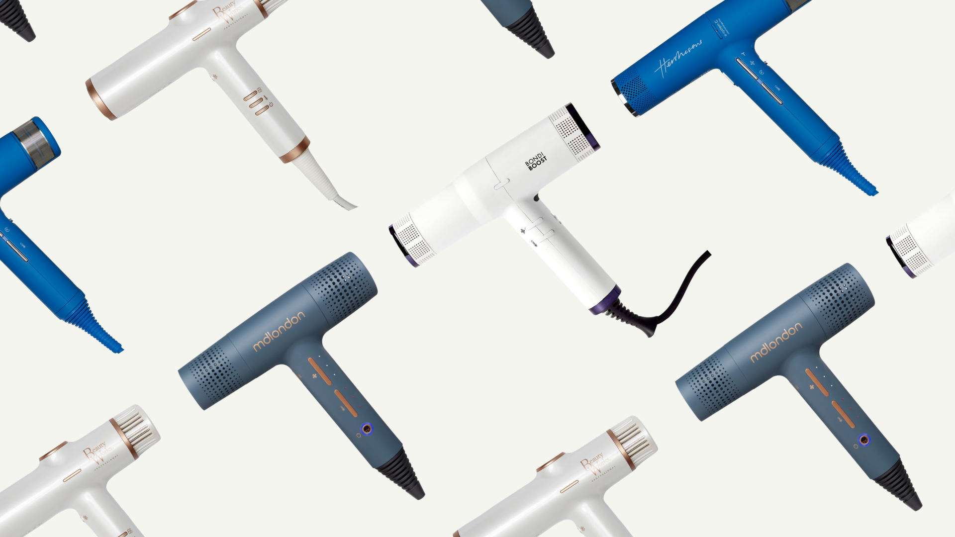 Collage of four of the quietest hair dryers featured in this guide from Beauty Works, mdlondon, Bondiboost and Hershesons, set at an angle and repeated against an off-white background 