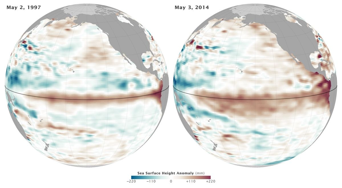 The 10-day average sea-surface height centered on May 2, 1997 (left), and May 3, 2014.