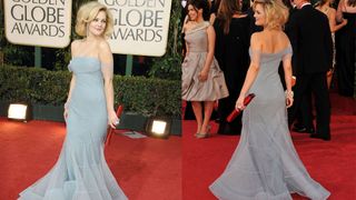 drew barrymore in a grey blue strapless dress at the 2009 golden globes
