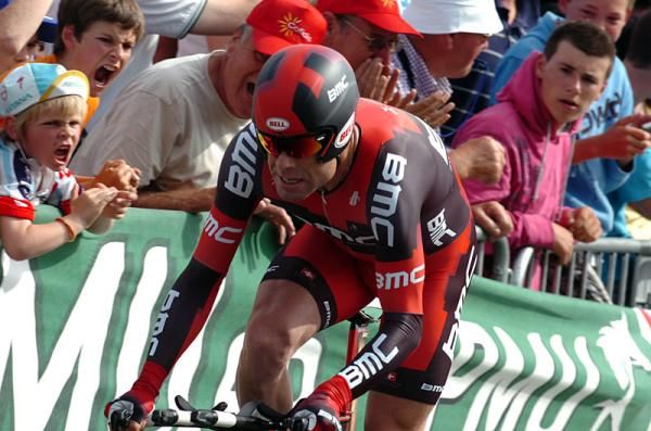Cadel Evans (BMC) drives to the finish on the streets of Liege, Belgium.