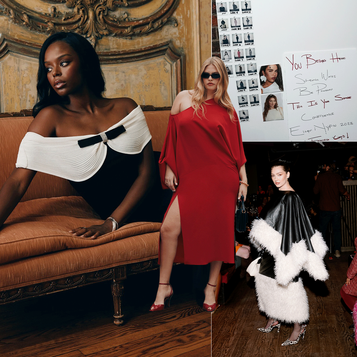 Brand collage of Eloquii campaigns and fashion show.