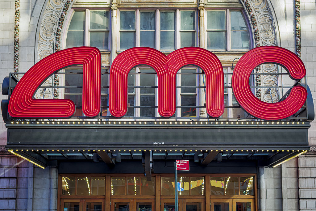 Marquee at the entrance to AMC movie theater in Midtown Manhattan.