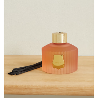 reed diffuser with a cloudy coral glass jar