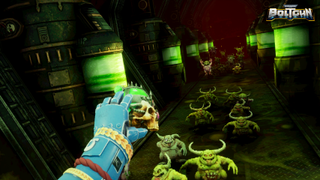 Screenshot from the game Warhammer 40,000: Boltgun, showing the player fighting enemies in-game.