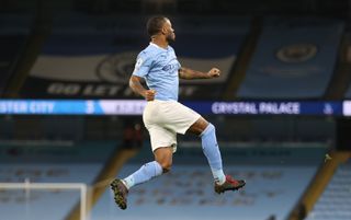 Manchester City’s Raheem Sterling celebrates scoring his side’s fourth goal of the game from a free-kick during the Premier League match at the Etihad Stadium, Manchester