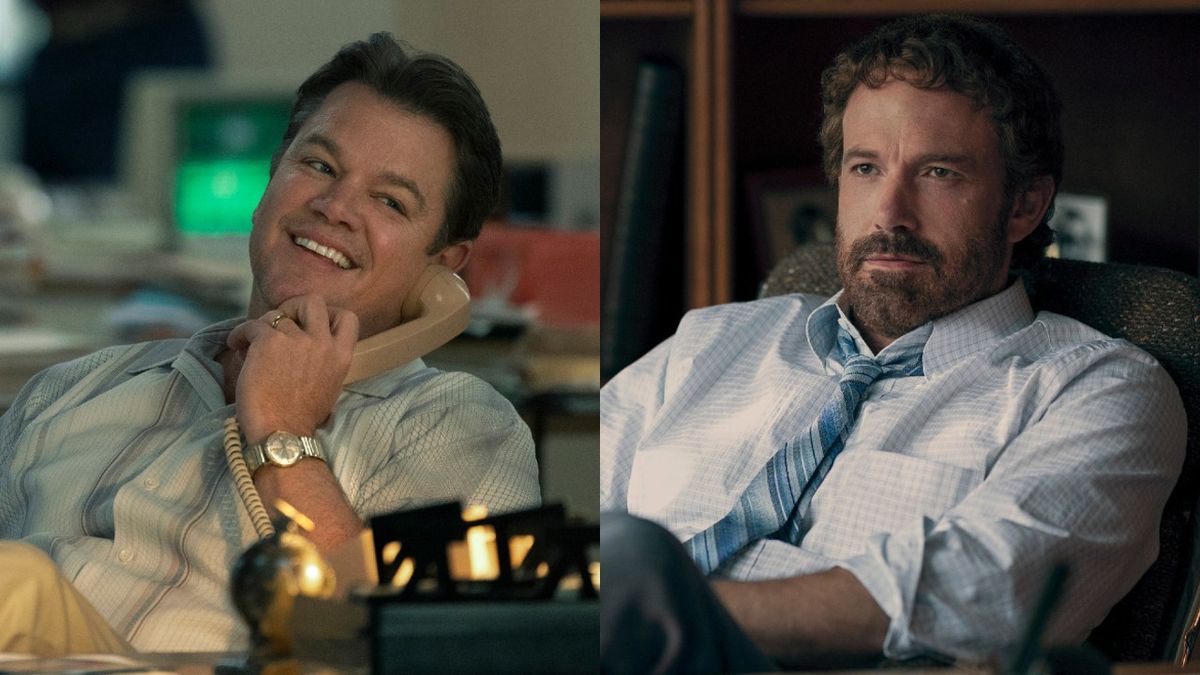 From left to right: Matt Damon answering the phone in air and Ben Affleck sitting at his desk in air.