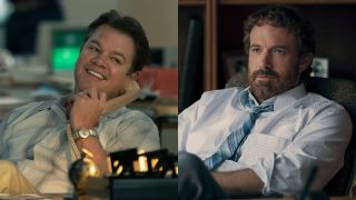From left to right: Matt Damon answering the phone in air and Ben Affleck sitting at his desk in air.