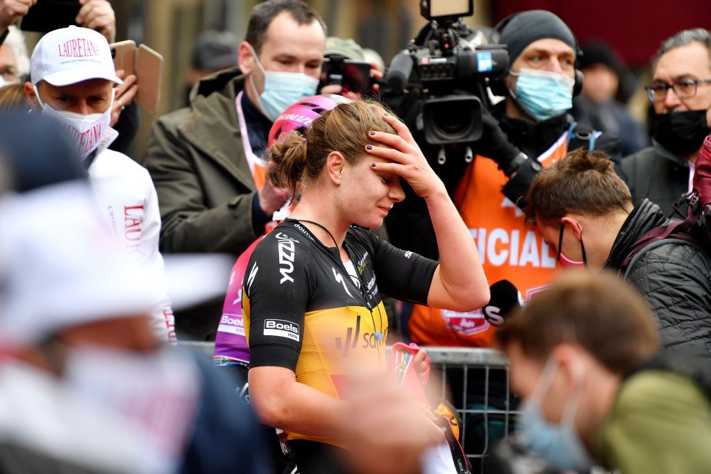 SIENA ITALY MARCH 05 Lotte Kopecky of Belgium and Team SD Worx celebrates winning during the Eroica 8th Strade Bianche 2022 Womens Elite a 136km one day race from Siena to Siena Piazza del Campo 321m StradeBianche on March 05 2022 in Siena Italy Photo by Luc ClaessenGetty Images