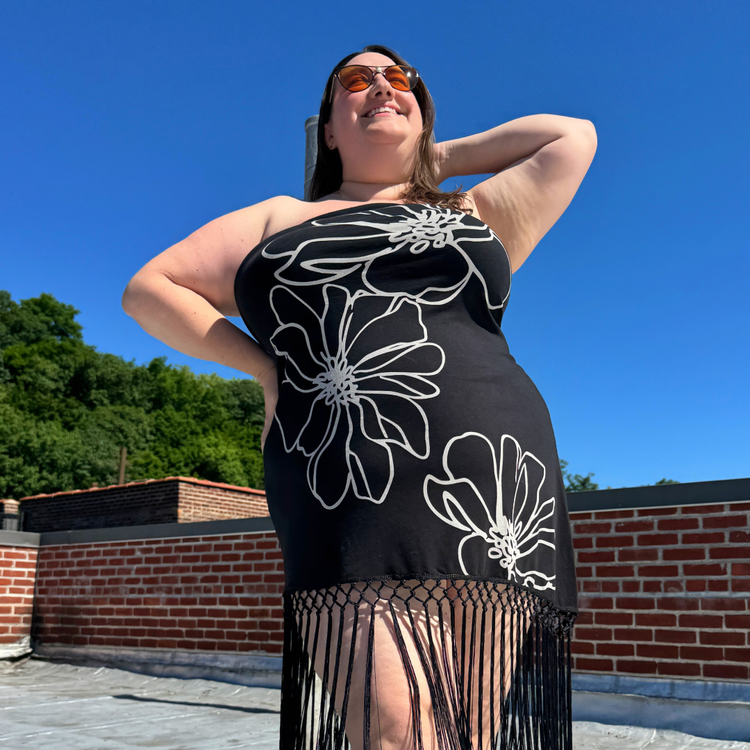 Sarah Chiwaya wearing black floral fringe dress 
