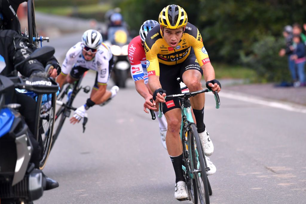 OUDENAARDE BELGIUM OCTOBER 18 Julian Alaphilippe of France and Team Deceuninck QuickStep World Champion Jersey Wout Van Aert of Belgium and Team Team Jumbo Visma Mathieu Van Der Poel of The Netherlands and Team AlpecinFenix Breakaway Accident Crash Motorbike during the 104th Tour of Flanders 2020 Ronde van Vlaanderen Men Elite a 2433km race from Antwerpen to Oudenaarde RVV20 FlandersClassic on October 18 2020 in Oudenaarde Belgium Photo by Luc ClaessenGetty Images