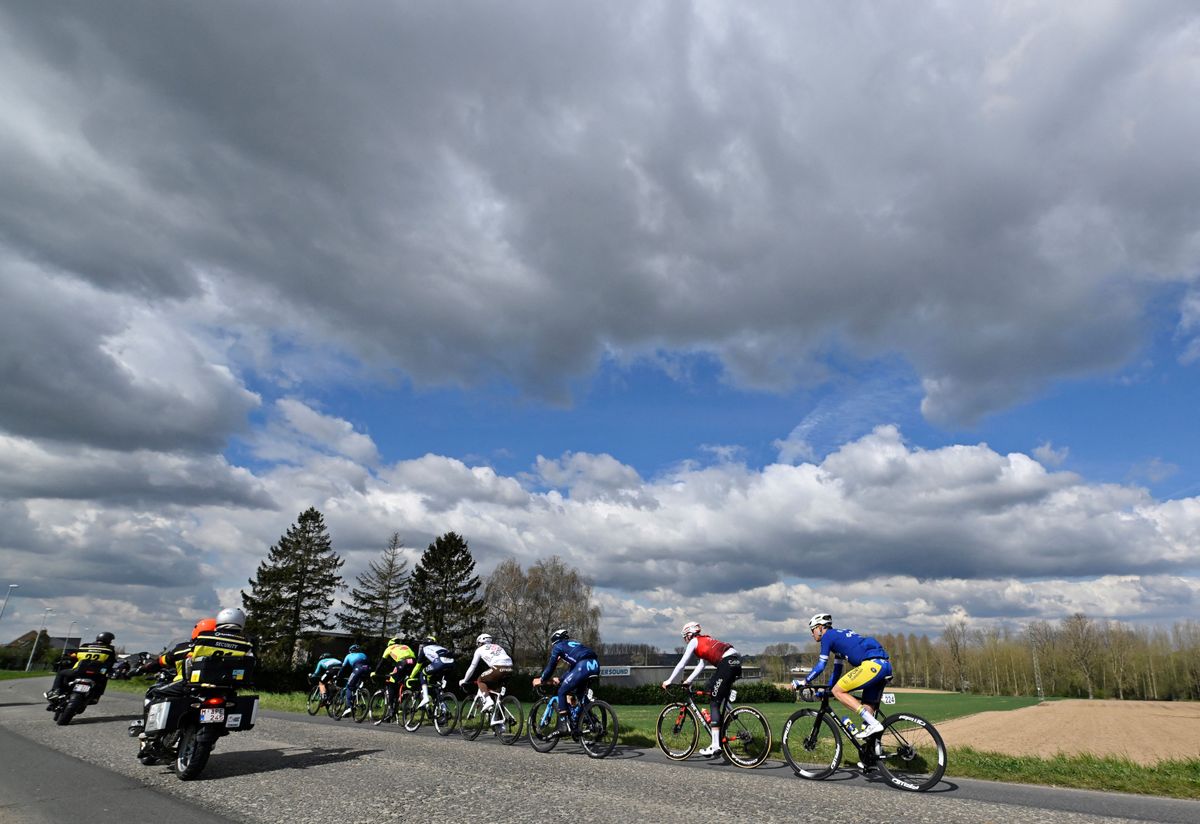 The leading group compete in the mens race of the Ronde van Vlaanderen Tour des Flandres Tour of Flanders one day cycling event 2725km from Antwerp to Oudenaarde on April 3 2022 Belgium OUT Photo by DIRK WAEM Belga AFP Belgium OUT Photo by DIRK WAEMBelgaAFP via Getty Images