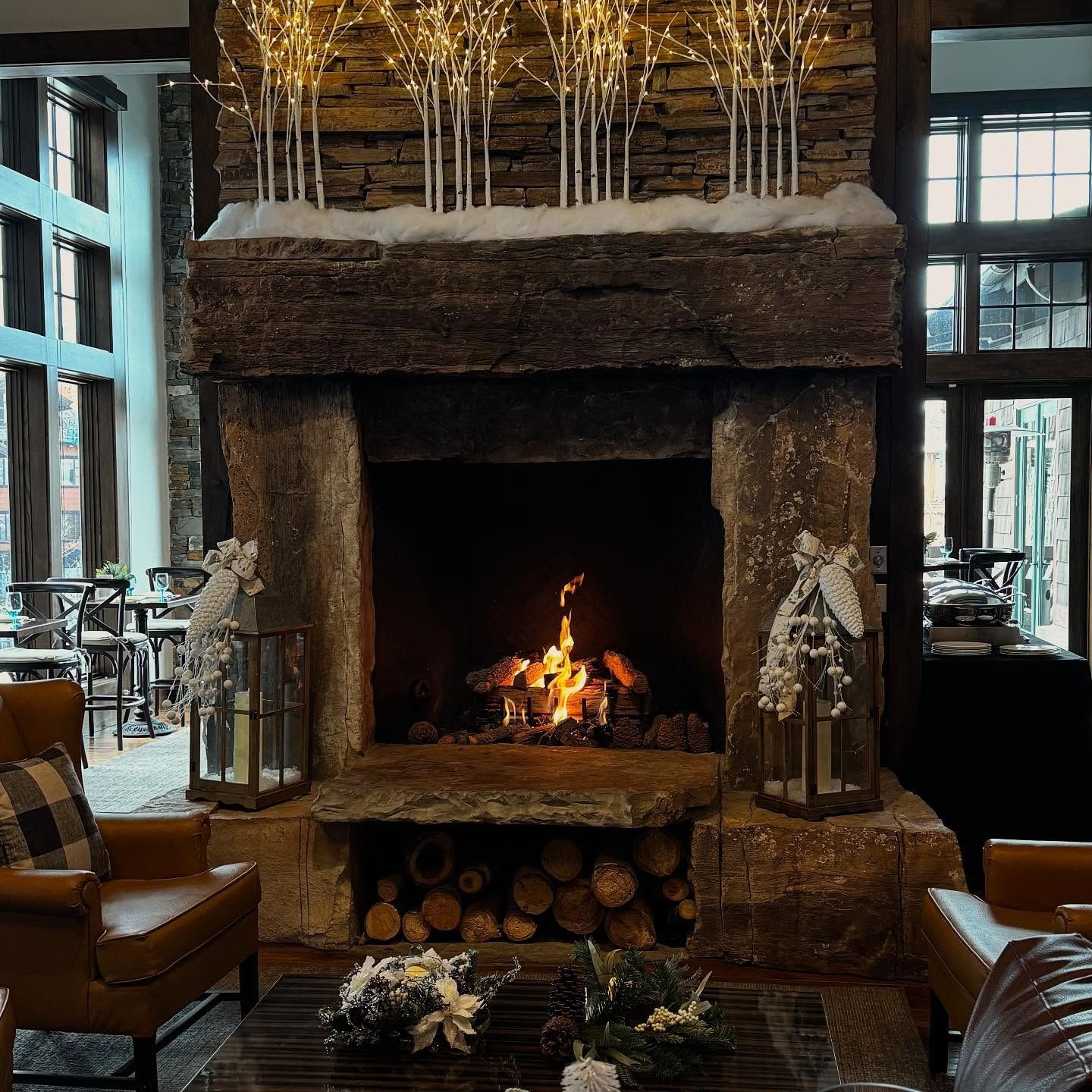 Photo of a crackling fireplace in winter