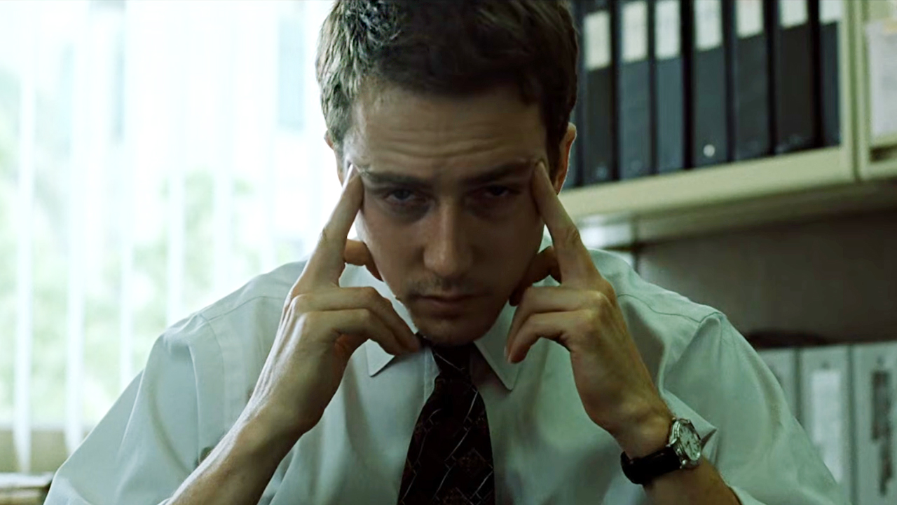 Edward Norton as "Jack" looking exhaustedly bored in Fight Club (1999).