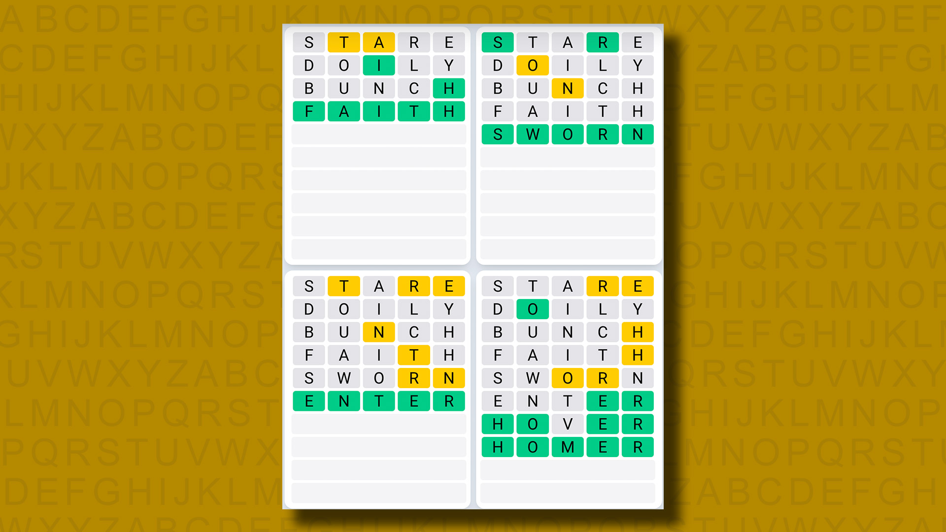 پاسخ Quordle Daily Sequence برای بازی 961 در پس زمینه زرد