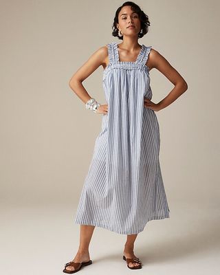 Cotton Voile Ruffle-Trim Shift Dress in Stripe