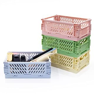 4pcs Mini Foldable Desk Crates Storage Box, Plastic Stackable Table Folding Baskets, Pastel Crates for Storage for Bedroom Office Bathroom Toiletries Cosmetics (5.7x3.8x2.2 Inch） (blue)