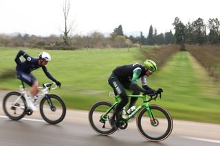 Groupama-FDJ's French rider Remi Cavagna (L) and Caja Rural-Seguros RGA's Czech rider Jakub Otruba cycle in a breakaway during the 6th stage of the Paris-Nice cycling race, 209,8 km between Saint-Julien-en-Saint-Alban and Berre lâ€™Ã‰tang, on March 14, 2025. (Photo by Anne-Christine POUJOULAT / AFP)