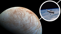 (Main) Jupiter's moon Europa and (Inset) Hubble Space Telescope